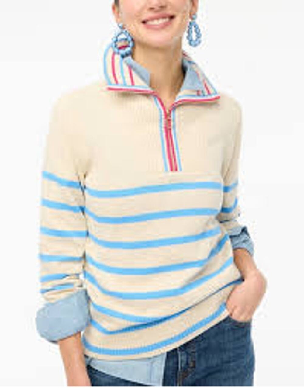 J.Crew Factory Striped Half-Zip Pullover Sweater Cream Blue Women's Size Medium